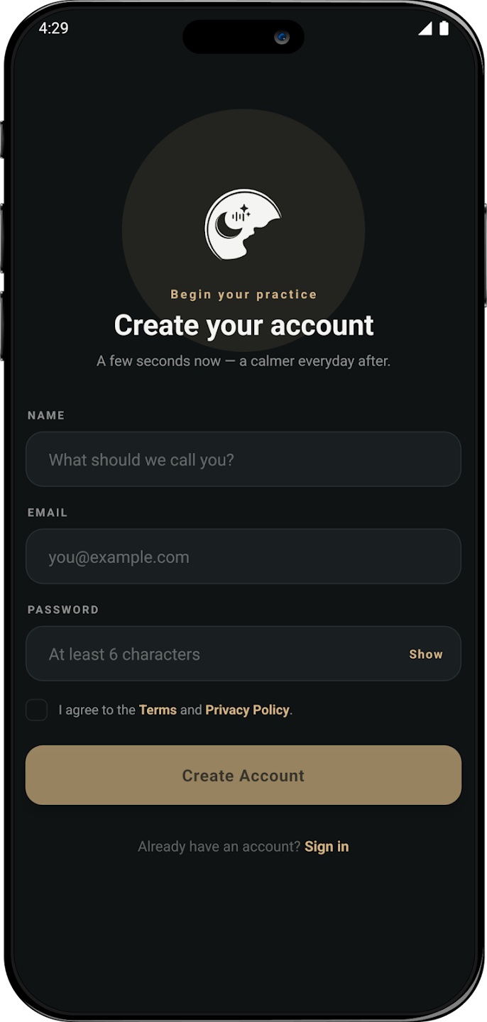 Create account screen