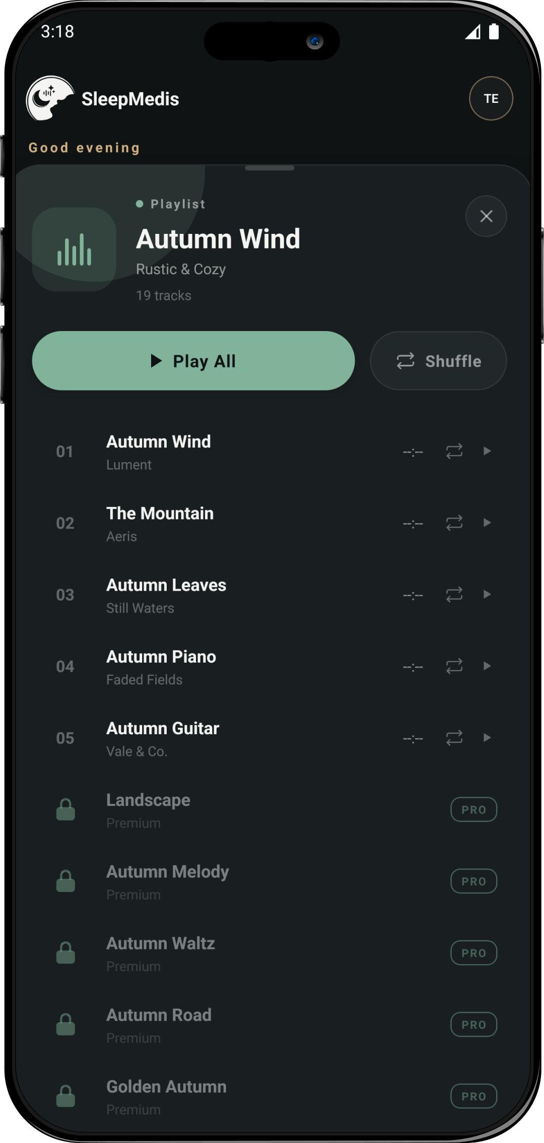Autumn Wind playlist screen